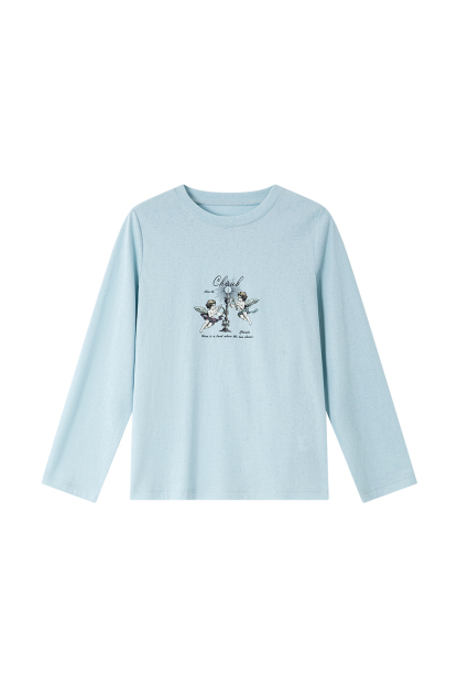 Relaxed Fit Long-Sleeve Tee with Cherub Print-VIMLYSTORE