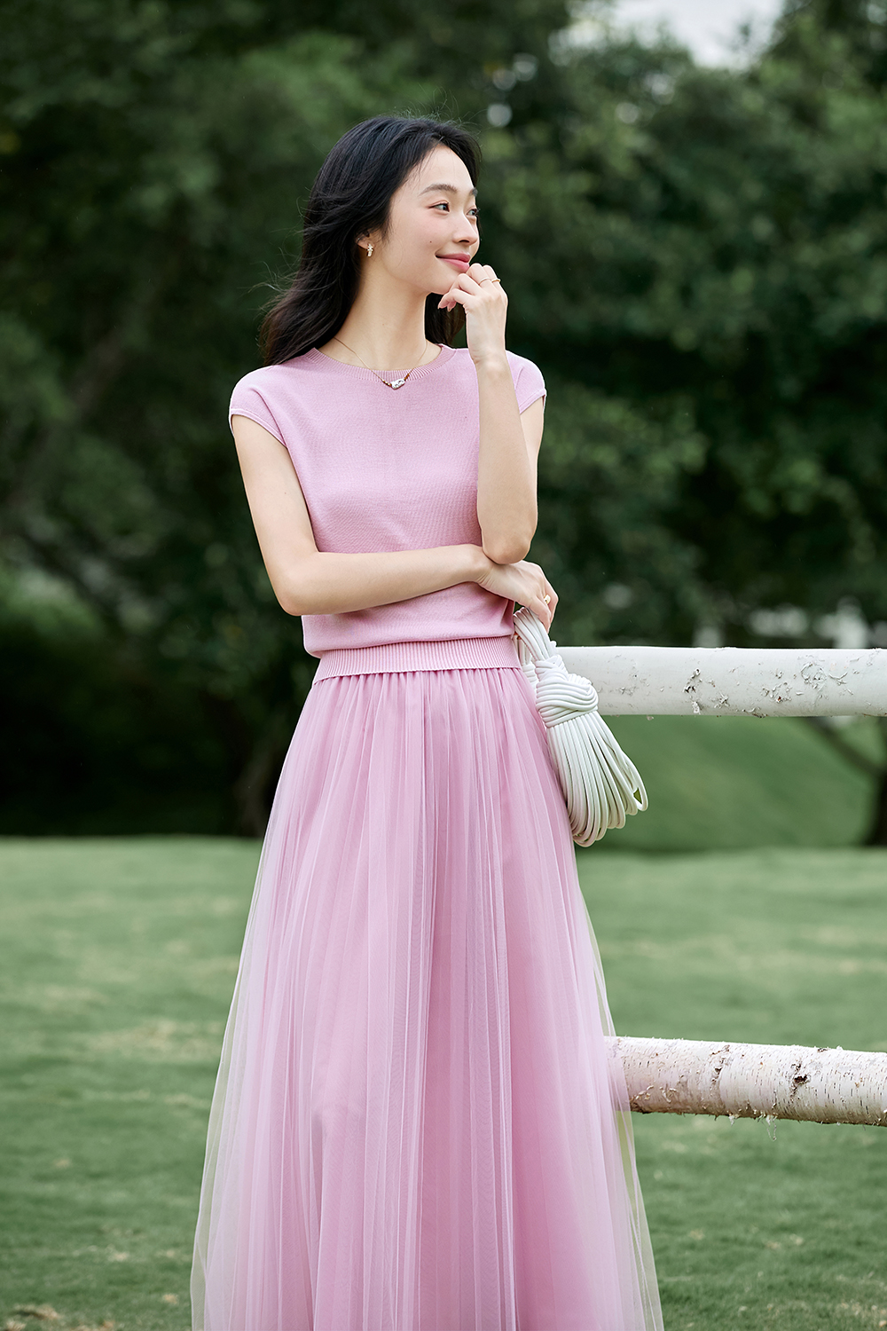 French-Inspired Lyocell Knit Top with Sheer Mesh Skirt Set-VIMLYSTORE