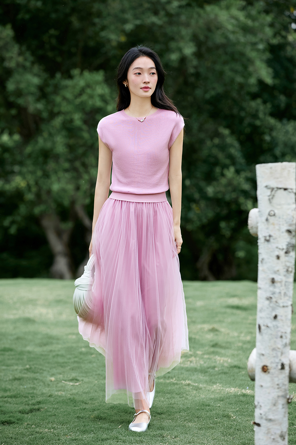 French-Inspired Lyocell Knit Top with Sheer Mesh Skirt Set-VIMLYSTORE