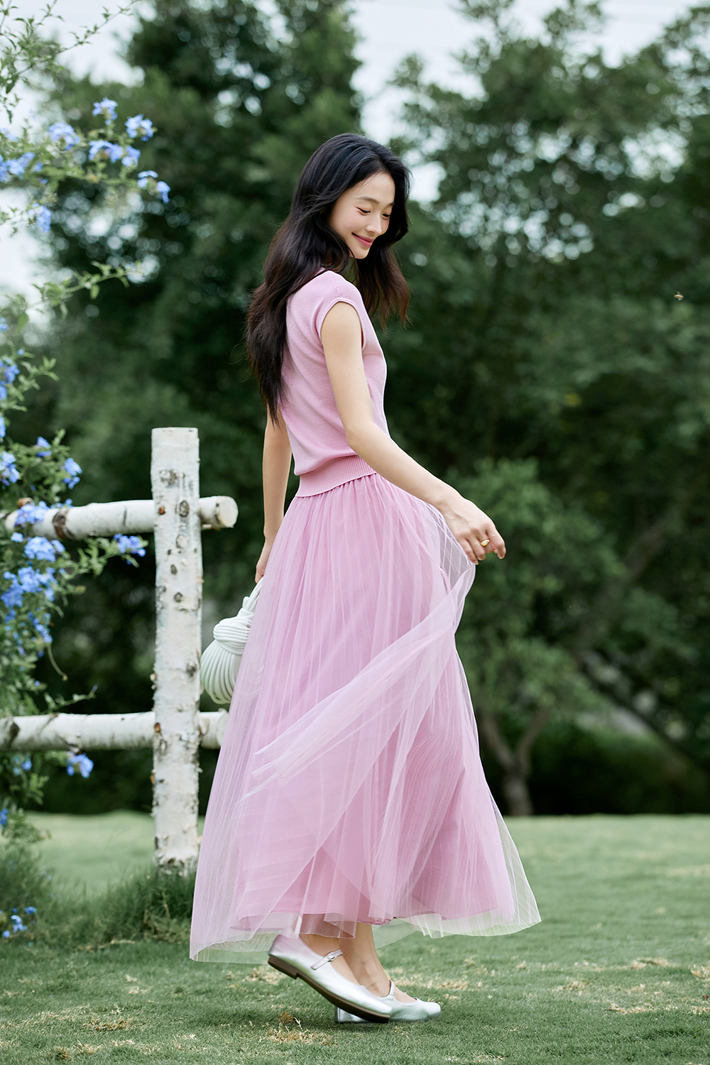 French-Inspired Lyocell Knit Top with Sheer Mesh Skirt Set-VIMLYSTORE