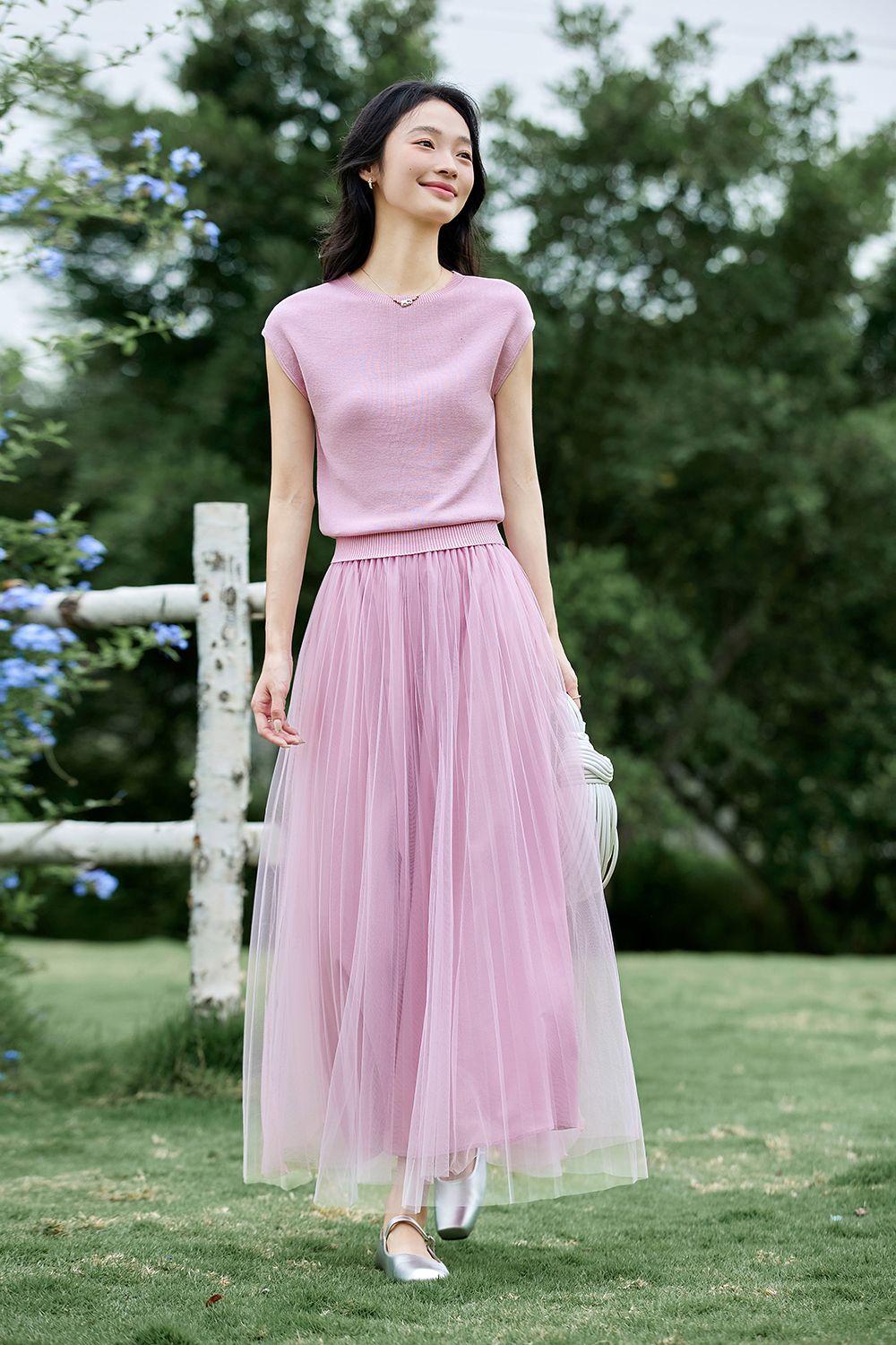 French-Inspired Lyocell Knit Top with Sheer Mesh Skirt Set-VIMLYSTORE