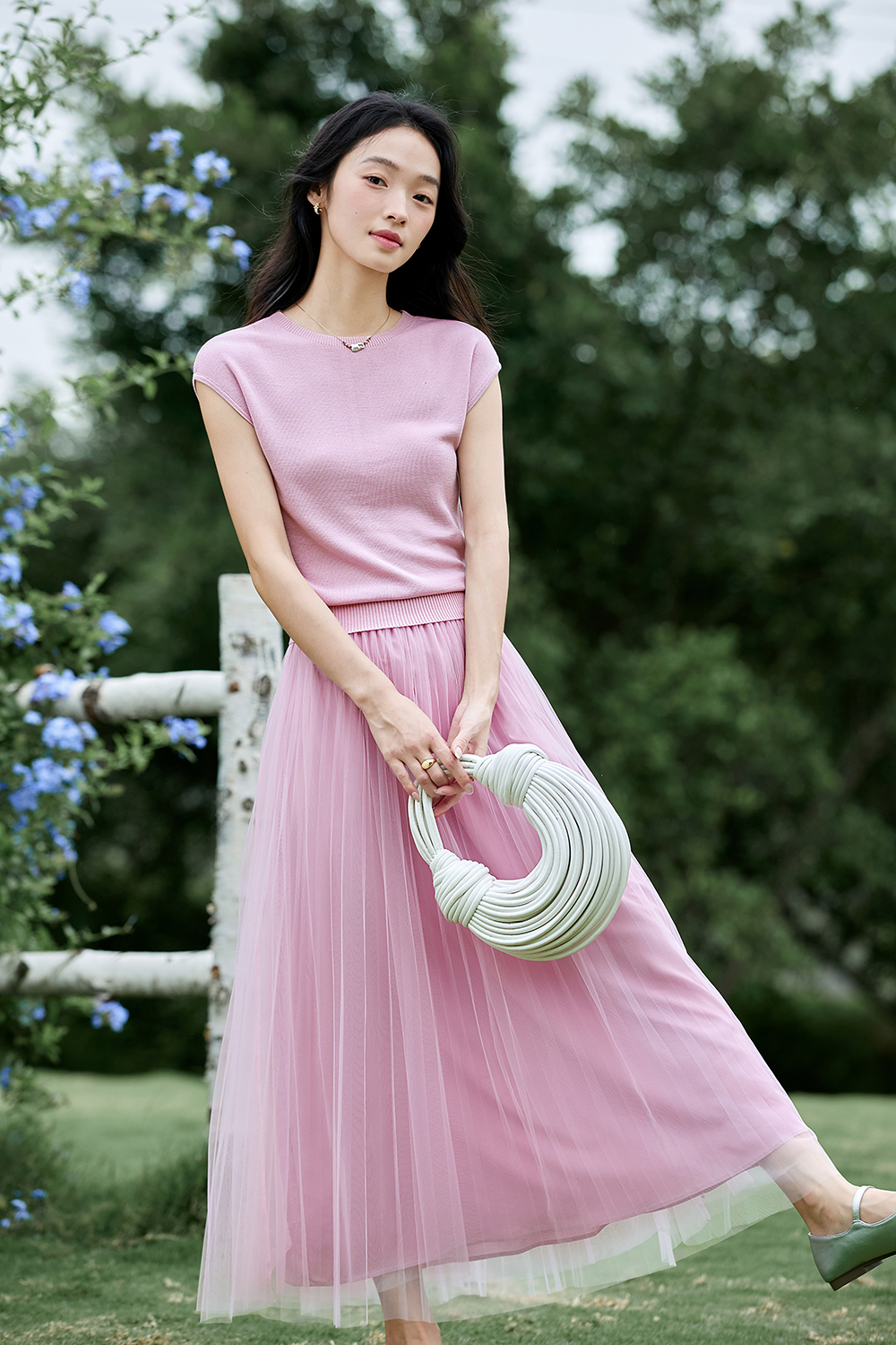 French-Inspired Lyocell Knit Top with Sheer Mesh Skirt Set-VIMLYSTORE