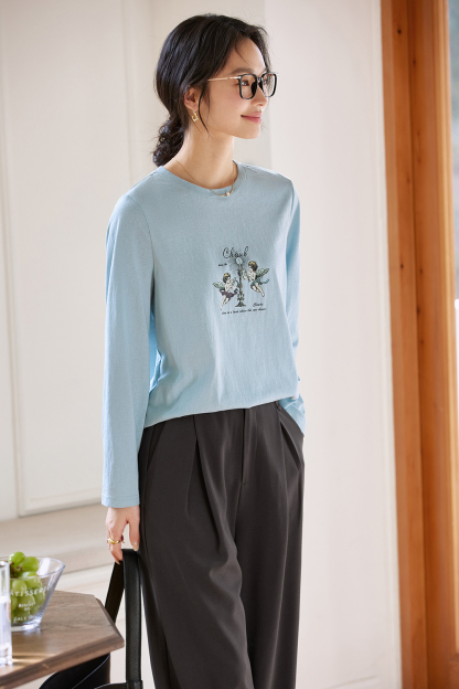 Relaxed Fit Long-Sleeve Tee with Cherub Print-VIMLYSTORE