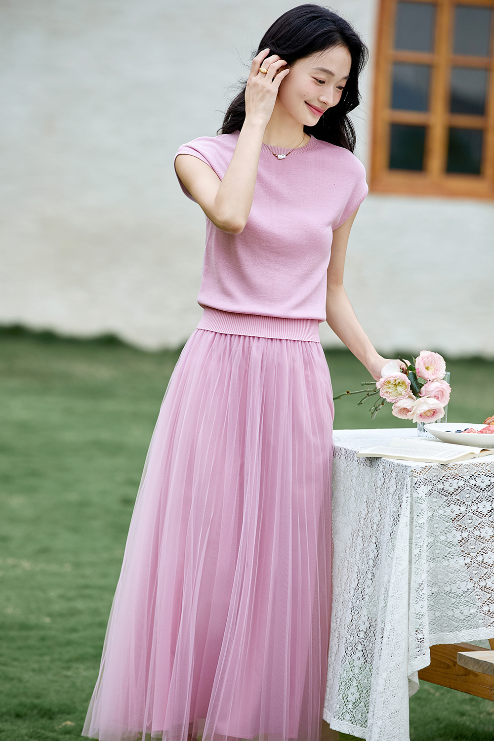 French-Inspired Lyocell Knit Top with Sheer Mesh Skirt Set-VIMLYSTORE