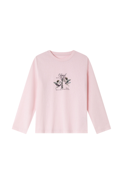 Relaxed Fit Long-Sleeve Tee with Cherub Print-VIMLYSTORE