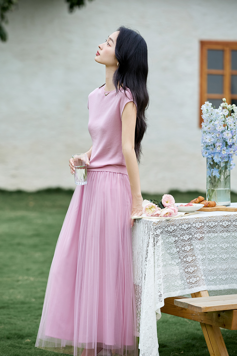 French-Inspired Lyocell Knit Top with Sheer Mesh Skirt Set-VIMLYSTORE