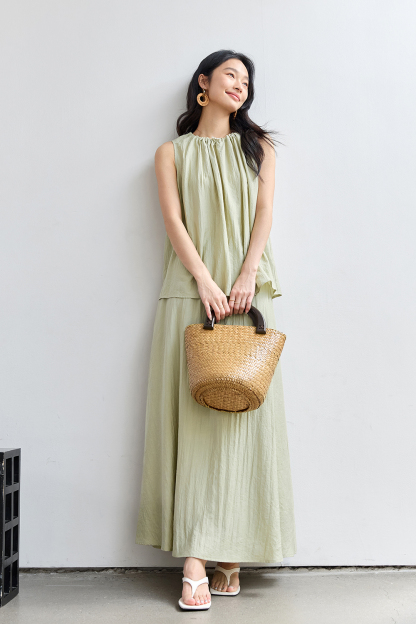 French-Casual Round Neck Sleeveless Top with Flowy Skirt Set-VIMLYSTORE