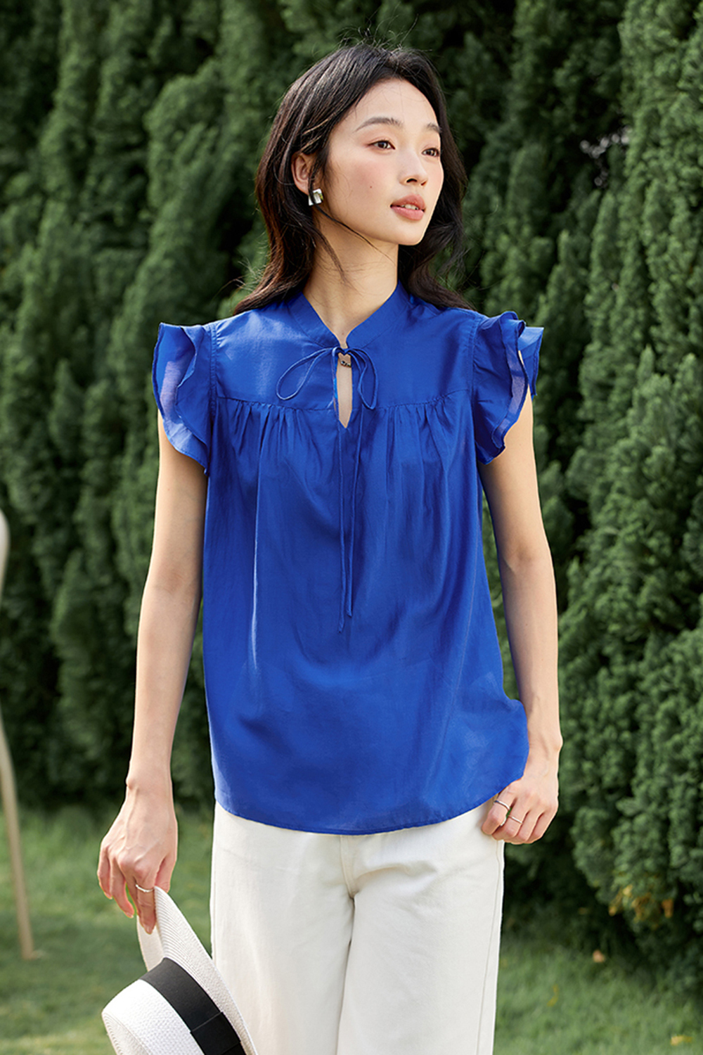 Lyocell Blush Pink Minimalist Office Shirt with Peplum Sleeves & Stand Collar