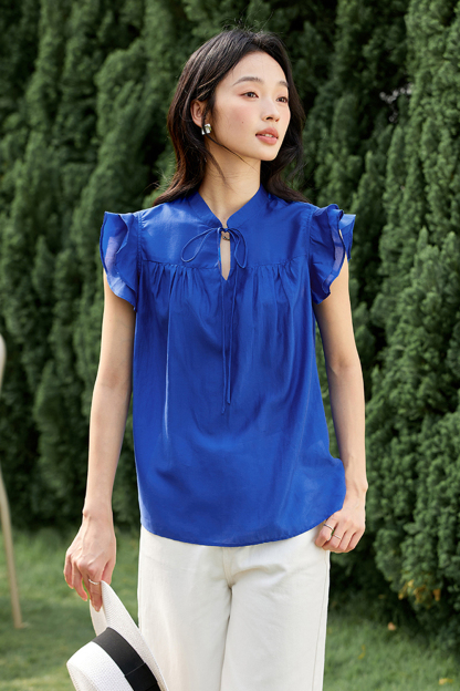 Lyocell Blush Pink Minimalist Office Shirt with Peplum Sleeves & Stand Collar
