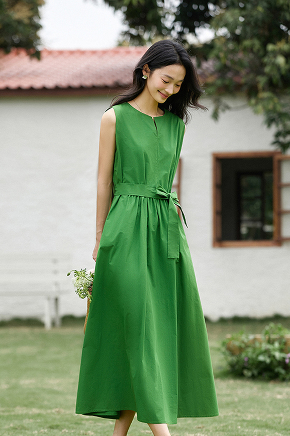 100% Cotton Premium Waist-cinching Sleeveless Maxi Dress-VIMLYSTORE