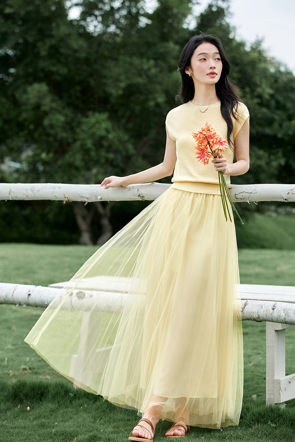 French-Inspired Lyocell Knit Top with Sheer Mesh Skirt Set-VIMLYSTORE