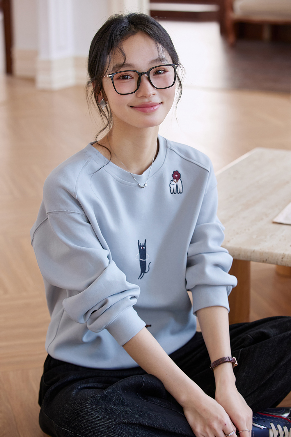 Mist Blue Crewneck Sweatshirt with Playful Cat & Dog Embroidery-VIMLYSTORE