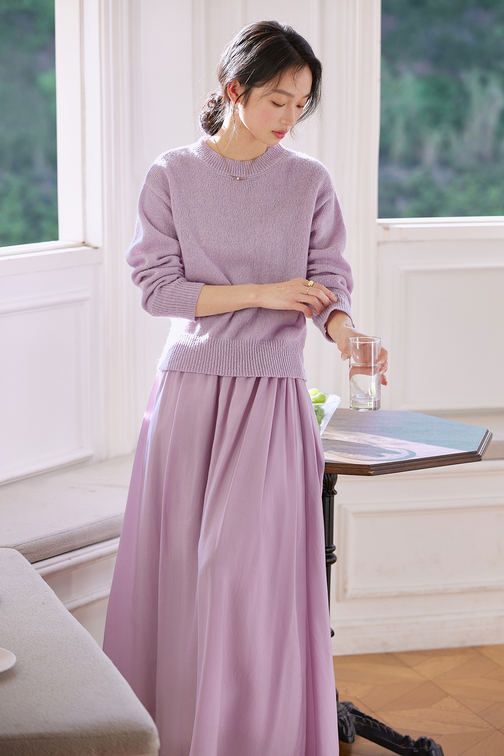 Lilac Round-Neck Top & Pencil Skirt Set for Polished Office Wear-VIMLYSTORE