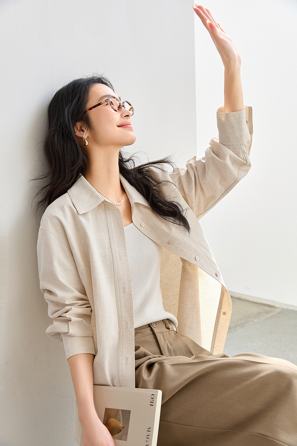 Oatmeal Oversized Shirt with Dual-Button Cuff Detail-VIMLYSTORE