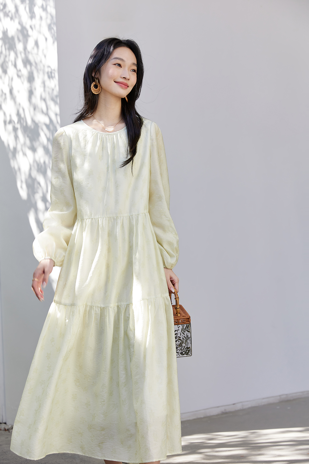 lyocell Embroidered Shift Dress with Bishop Sleeves-VIMLYSTORE