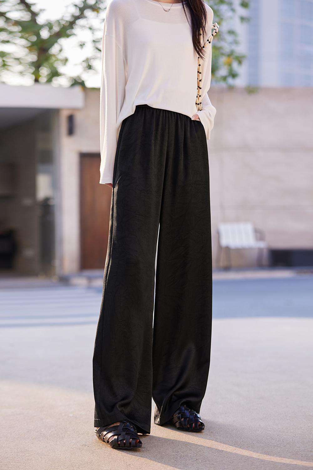 Elastic-Waist Wide-Leg Trousers with Fluid Drape-VIMLYSTORE
