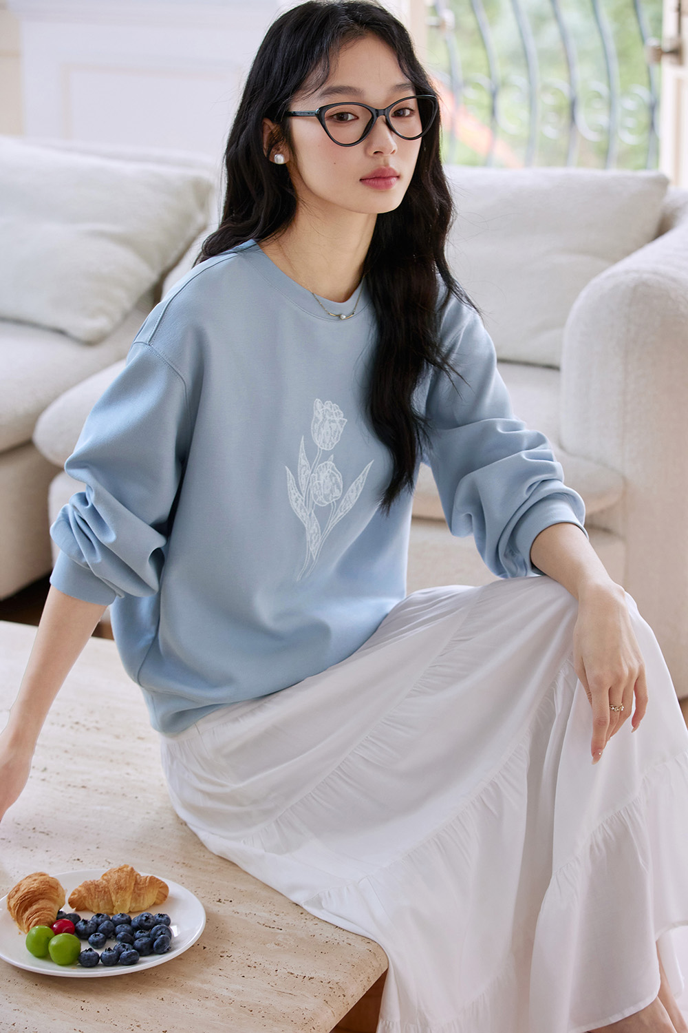 Sky Blue Tulip-Sleeve Oversized Pullover-VIMLYSTORE