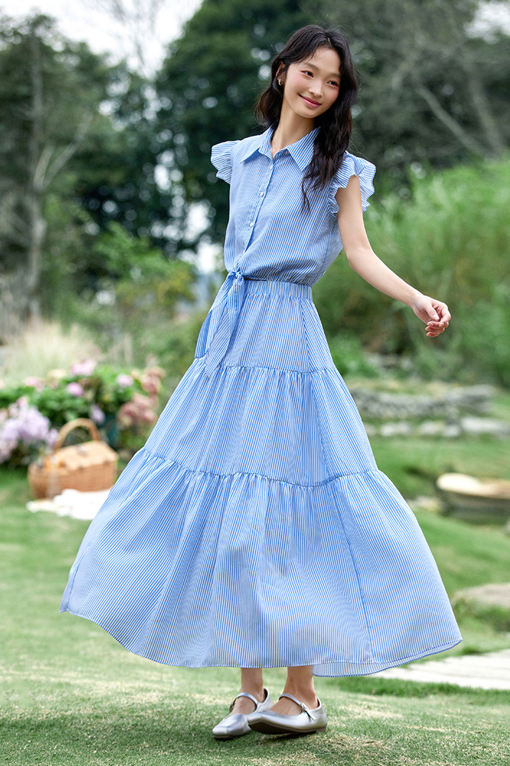 Blue Stripe Ruffle-trim Flutter Sleeve Chiffon Dress