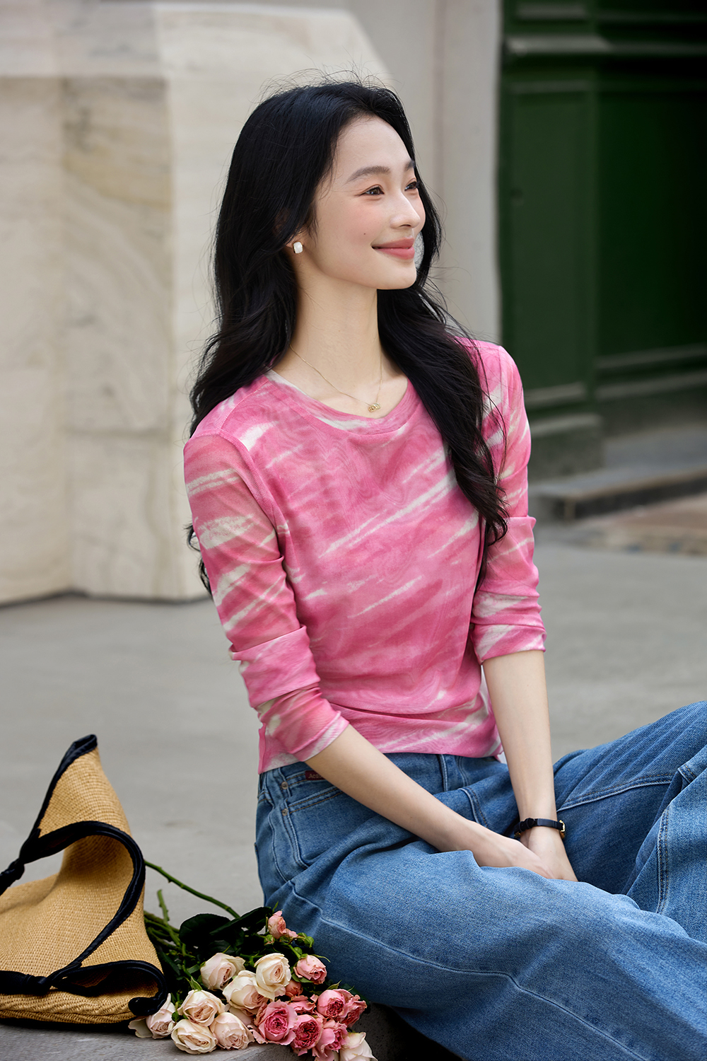 Pink Gradient Mesh Fitted Crewneck