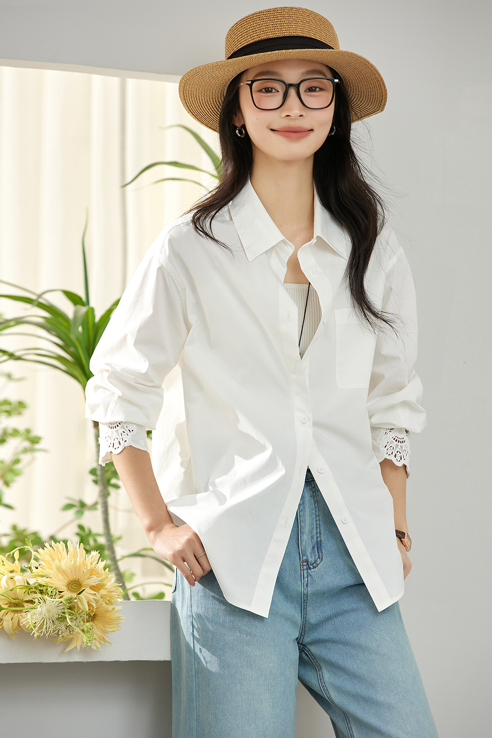 Artistic Cutwork Notch-Collar Blouse-VIMLYSTORE