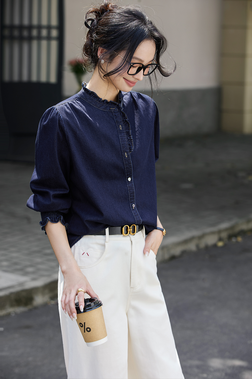 Designer Loose Stand-up Denim Long Sleeve Cotton Shirt-VIMLYSTORE