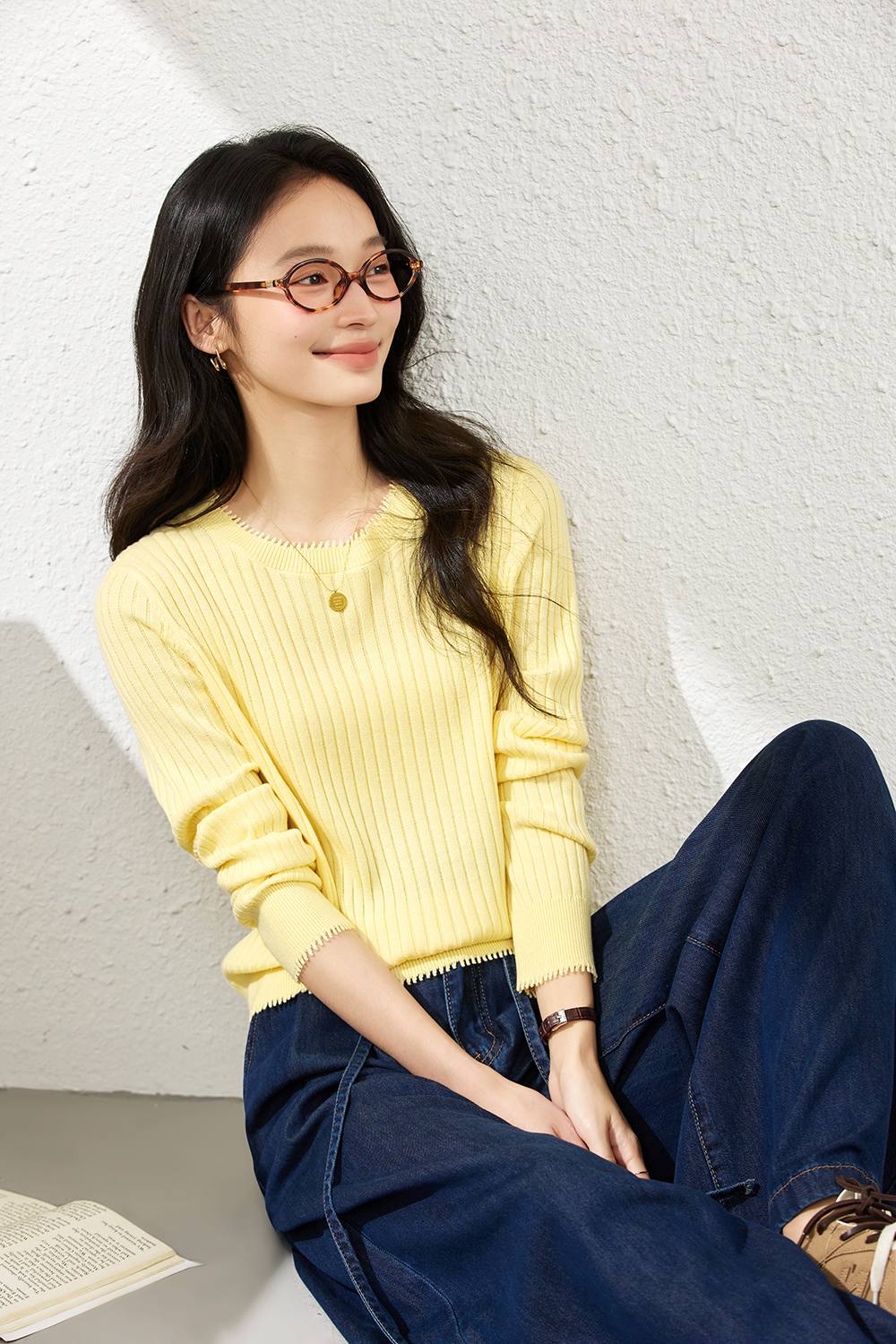 Ribbed Wool Blend Loose Round Neck Knitted Top-VIMLYSTORE