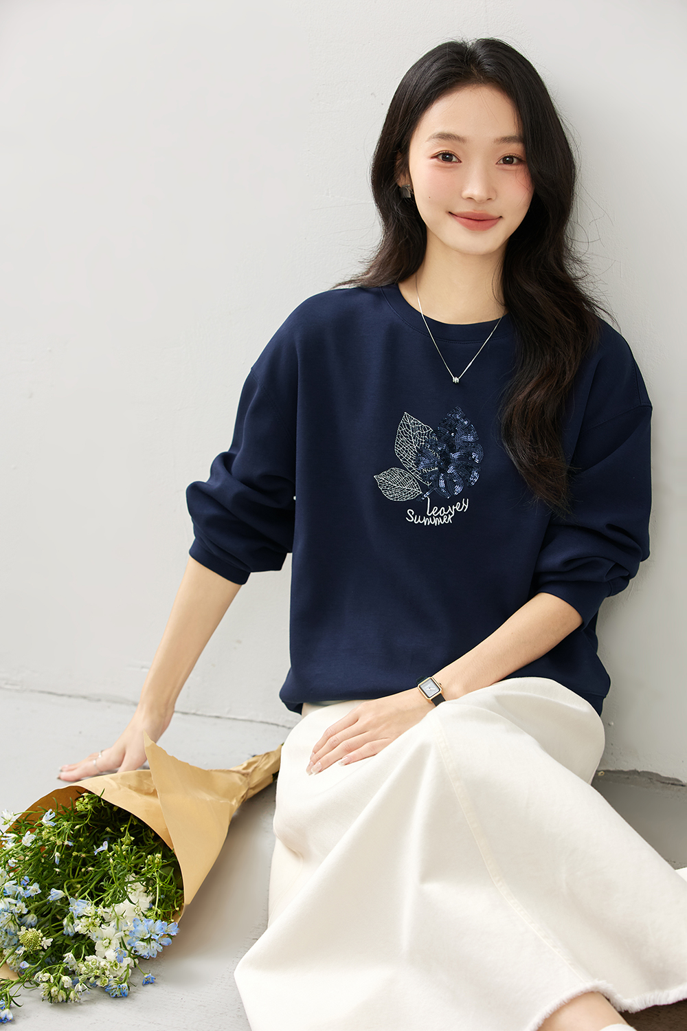 Elegant Slimming Embroidered Sequin Round Neck Long Sleeve Sweatshirt-VIMLYSTORE