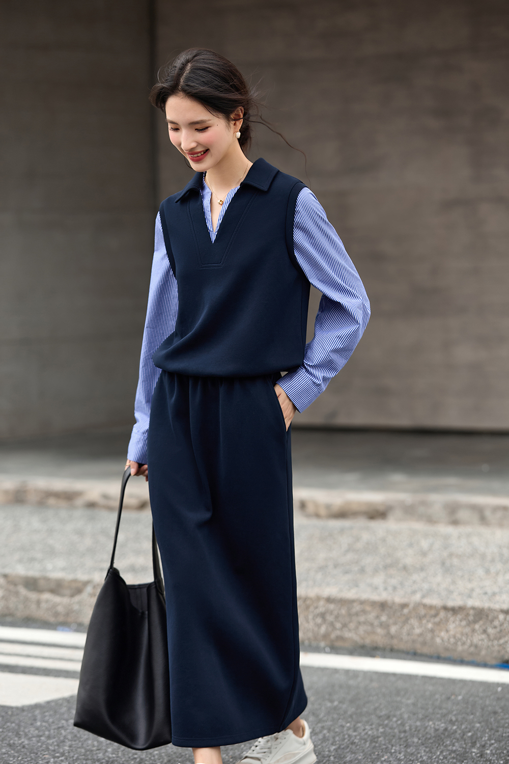 Navy Blue Fake Two-Piece Top with Long Skirt Set-VIMLYSTORE