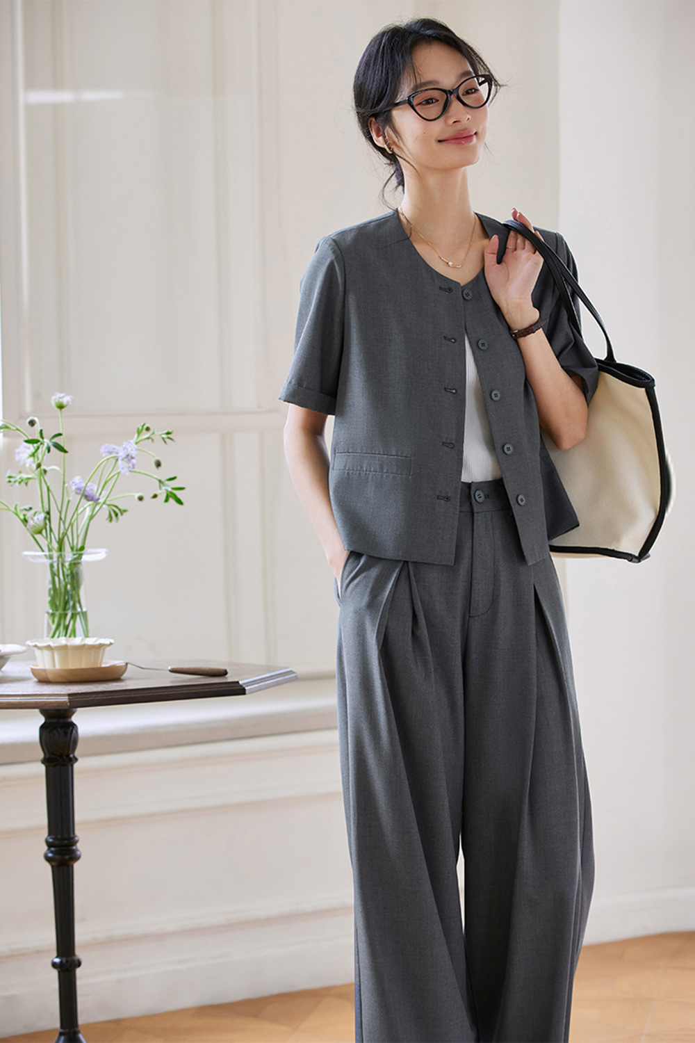 Premium Gray Fashion Wide-Leg Casual Pants Two-Piece Set