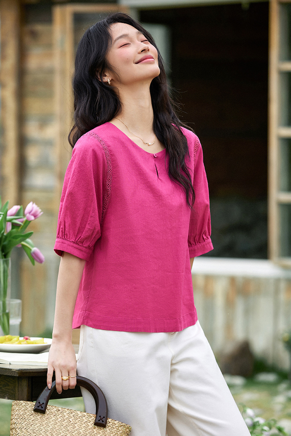 Stylish Raspberry Pink Lace Trim Round-Neck Blouse