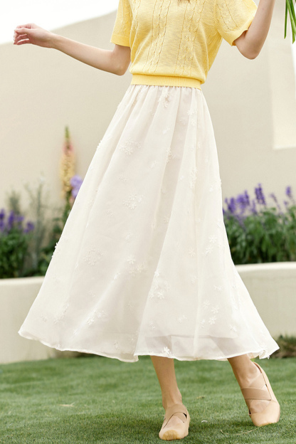Feminine Slim-Fit 3D Floral Embroidered A-Line Skirt
