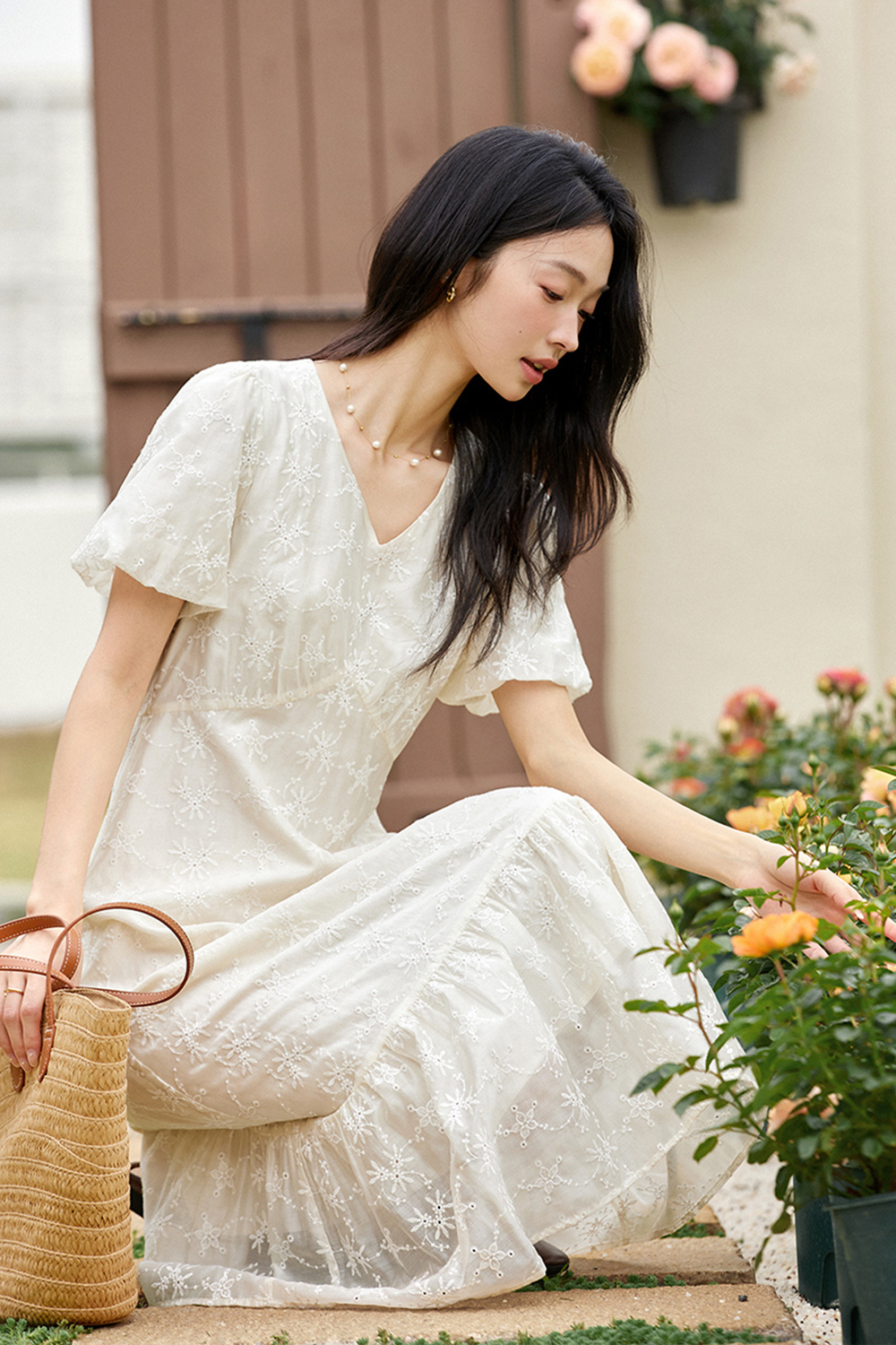 French V-Neck Cutout 3D Embroidered Puff Sleeve Maxi Dress