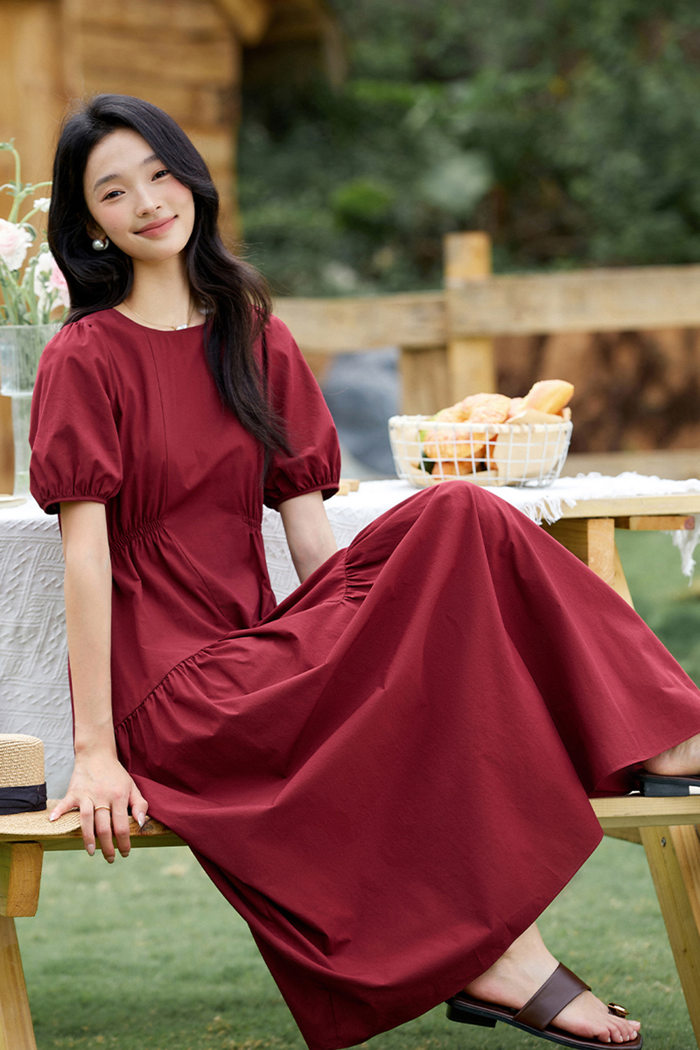 French Retro Asymmetrical Shirred Puff Sleeve Maxi Dress