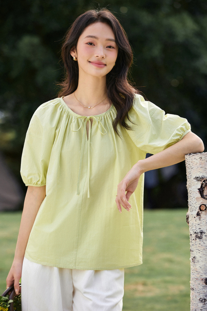 Casual & Stylish Loose Tie-Front Round Neck Puff Sleeve Blouse-VIMLYSTORE