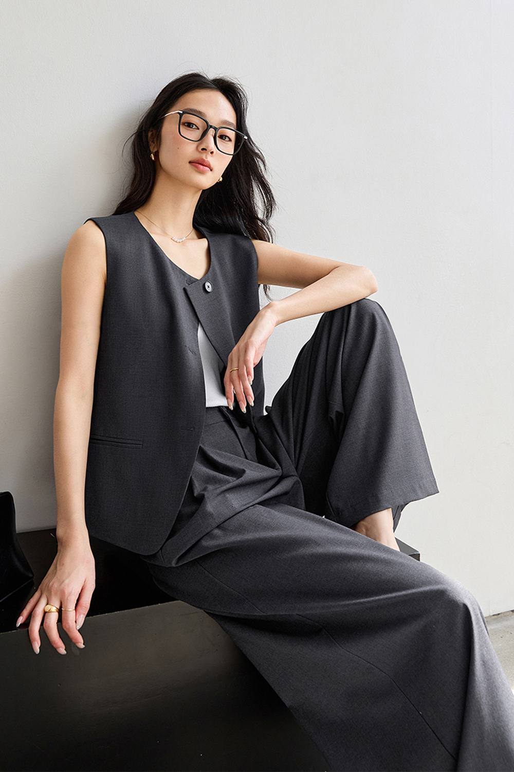 High-End "Old Money" Style Blazer Vest with Wide-Leg Pants Set