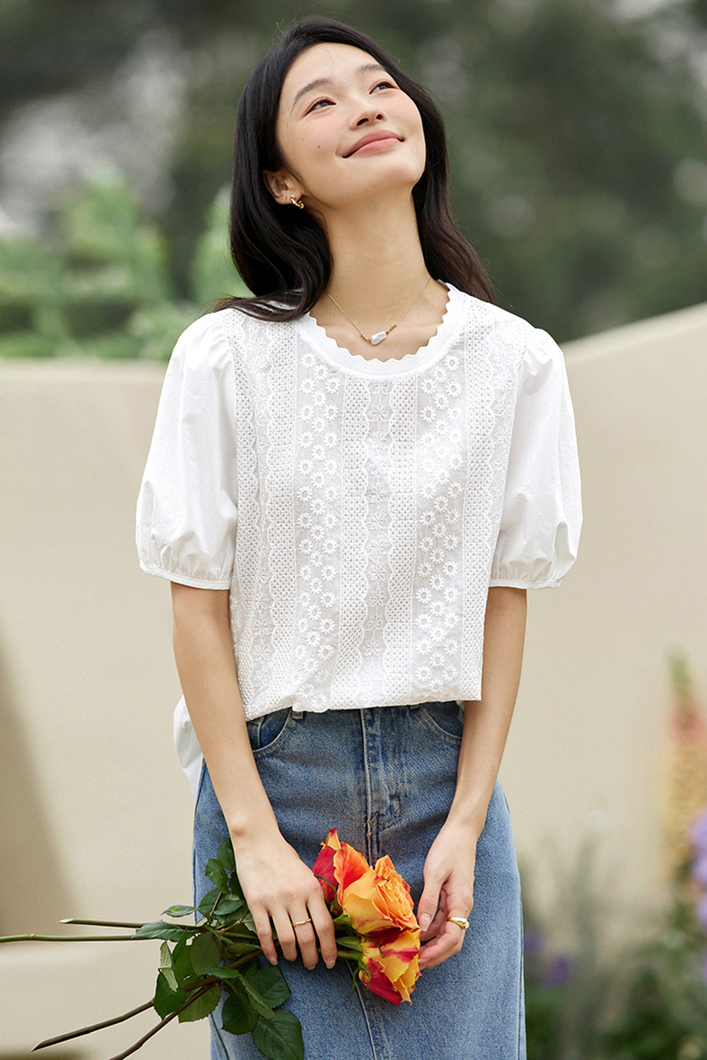 Casual Embroidered Puff-sleeve Cotton Top