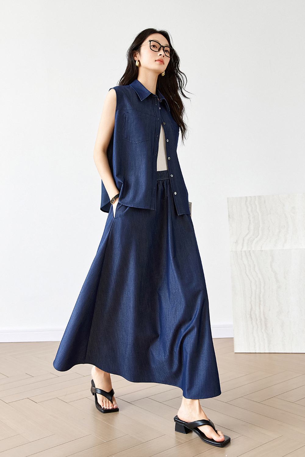Casual & Stylish Sleeveless Top with Cardigan and Midi Skirt Set