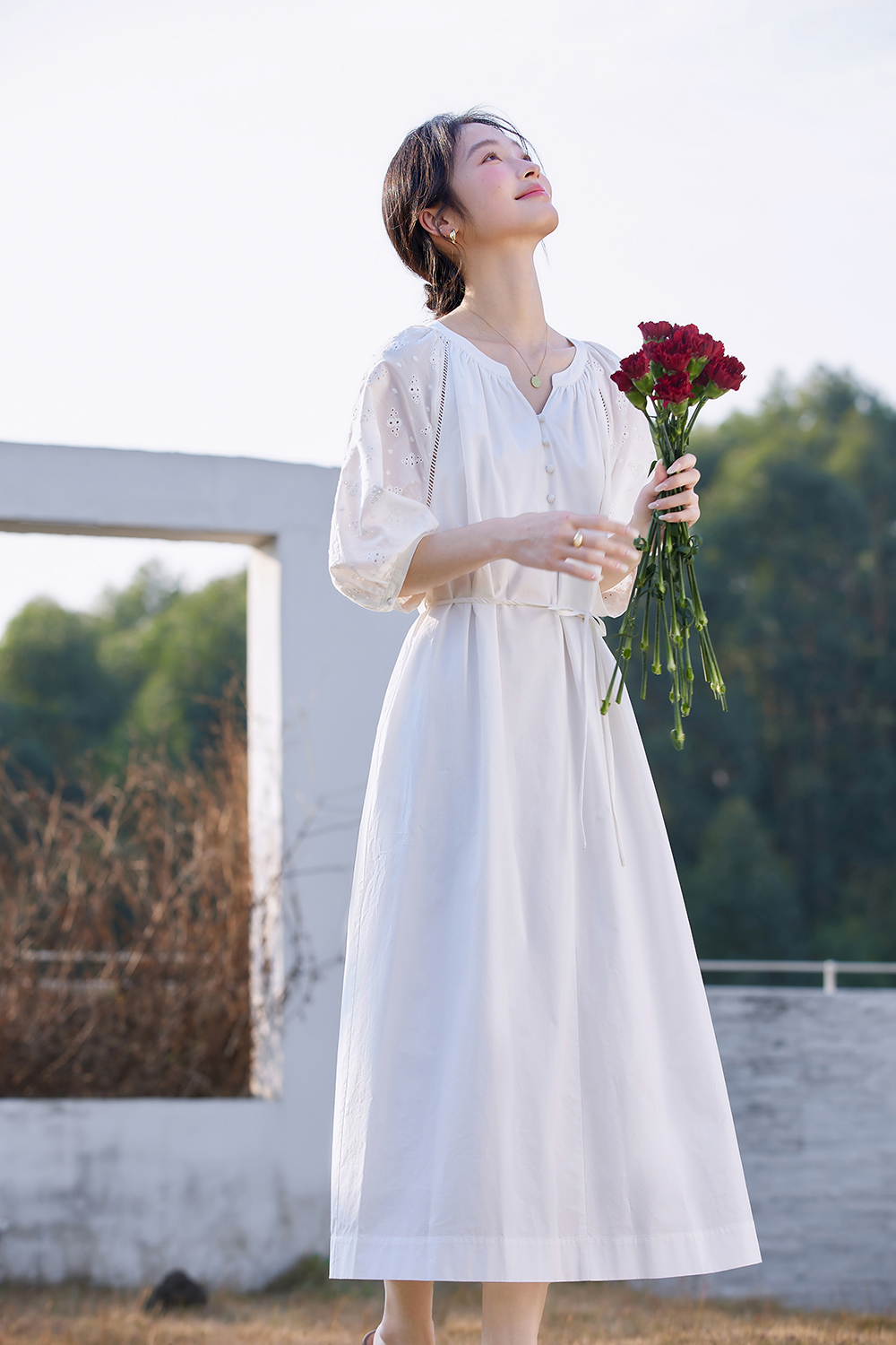 Breathable Floral Embroidery V-Neck Slimming Maxi Dress