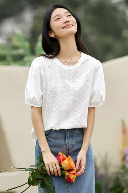Casual Embroidered Puff-sleeve Cotton Top