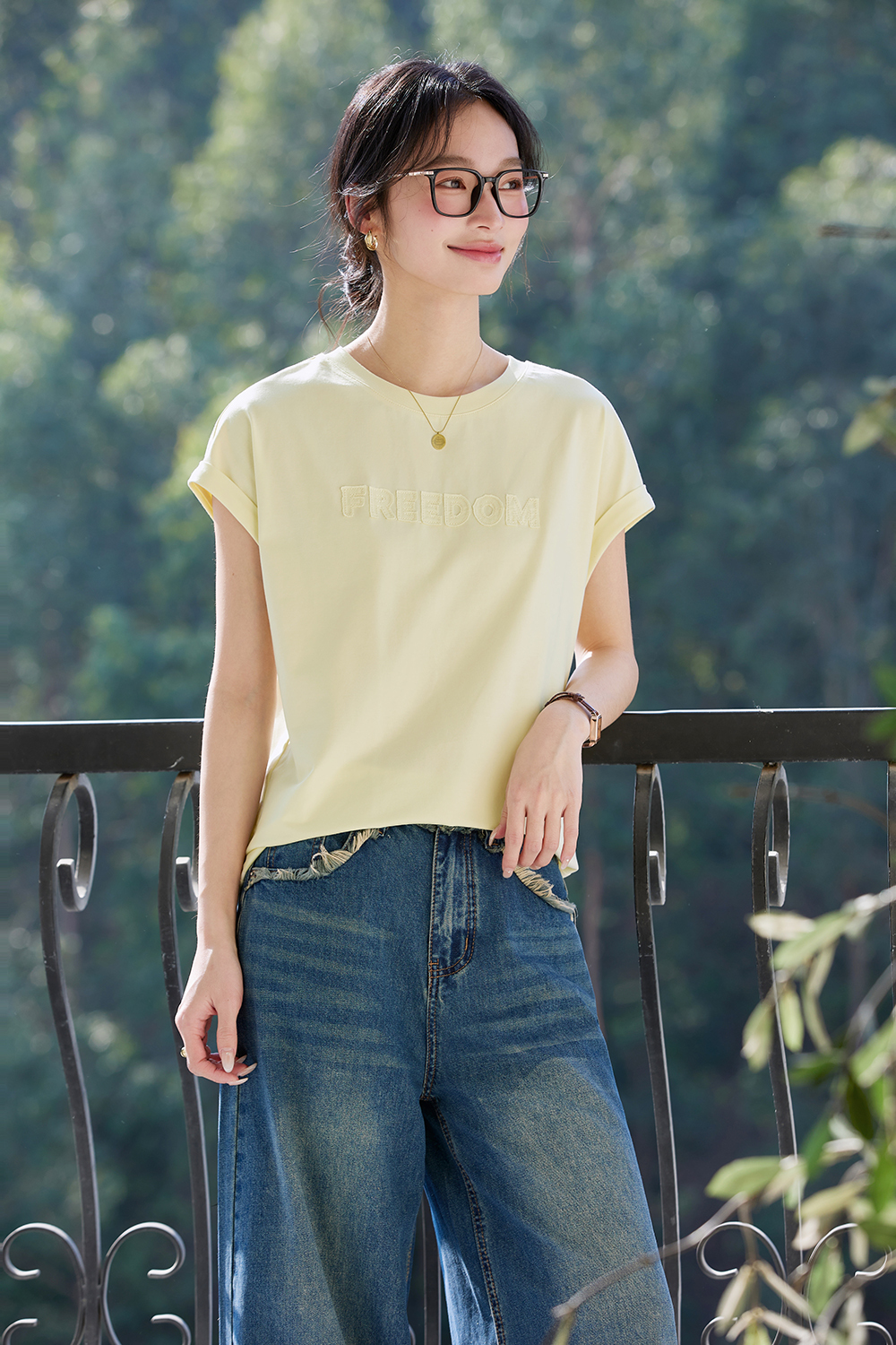 Embroidered Letter Short Flutter Sleeve Loose Versatile Round Neck Top-VIMLYSTORE