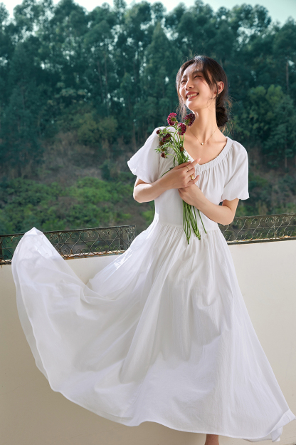 French Floral Soft V-Neck Puff Sleeve Slimming Maxi Dress