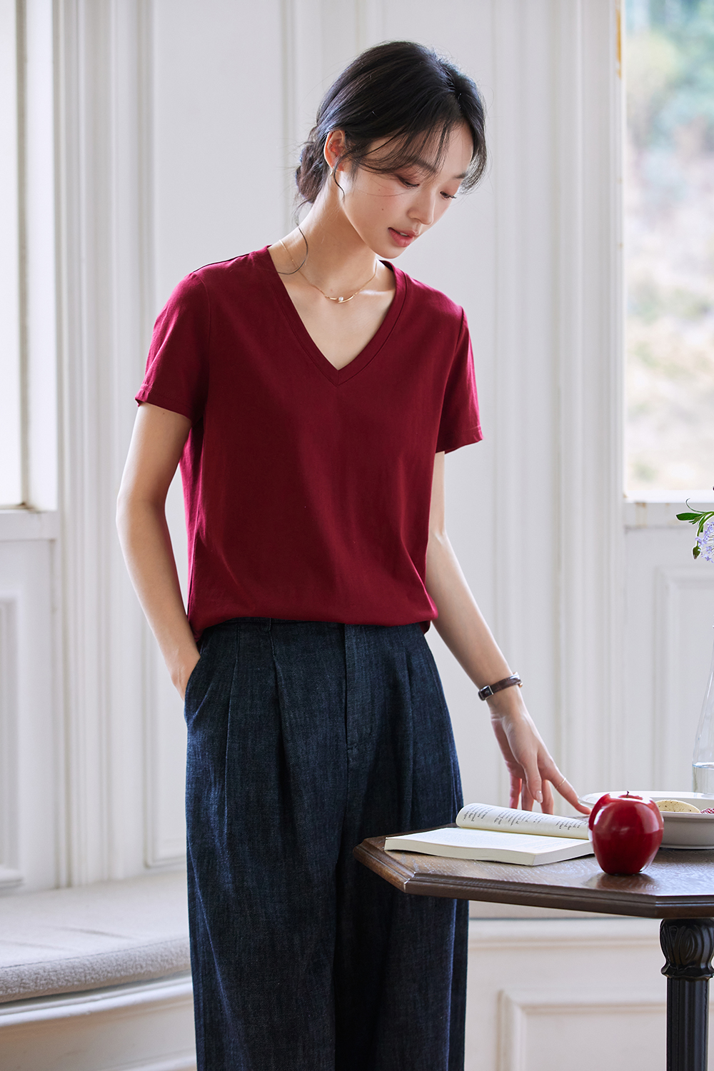 Dopamine Solid Color Casual Versatile V-Neck Loose Top-VIMLYSTORE