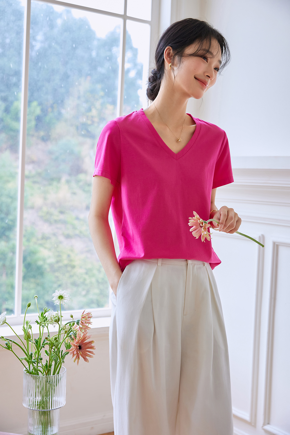 Dopamine Solid Color Casual Versatile V-Neck Loose Top-VIMLYSTORE