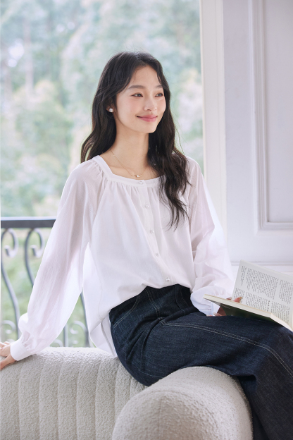 French Retro Square Neck Loose Shirt-VIMLYSTORE