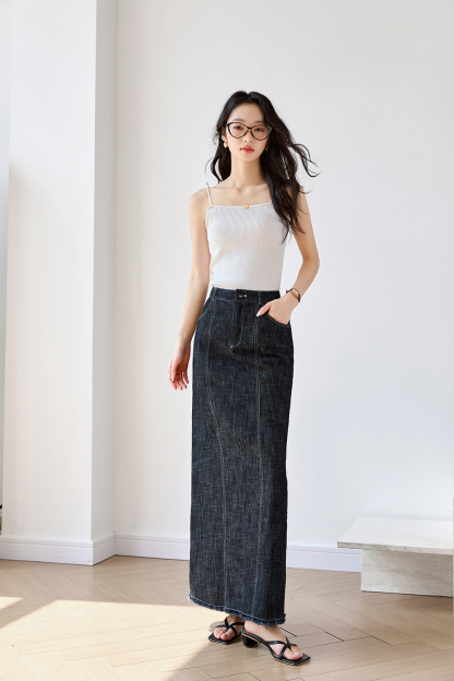 Black Grey Retro Denim High Waist Straight Pencil A-Line Midi Skirt