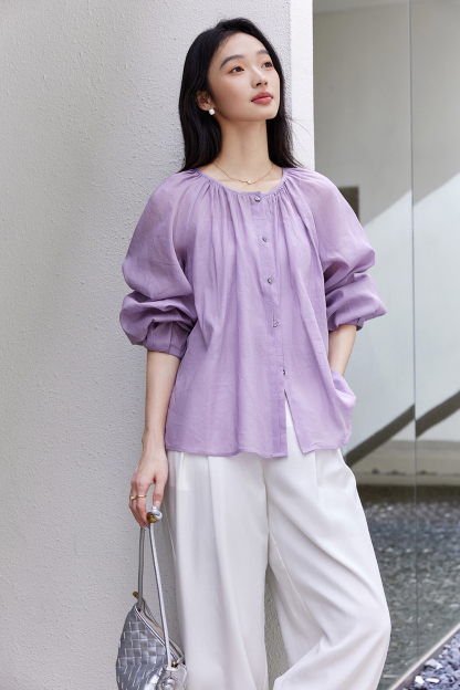 Monet Purple Linen-Cotton Light Luxury Youthful Chic Shirt-VIMLYSTORE