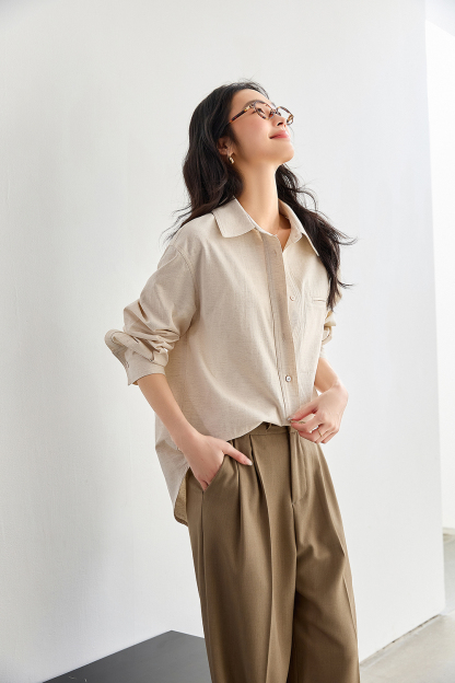 Oatmeal Oversized Shirt with Dual-Button Cuff Detail-VIMLYSTORE