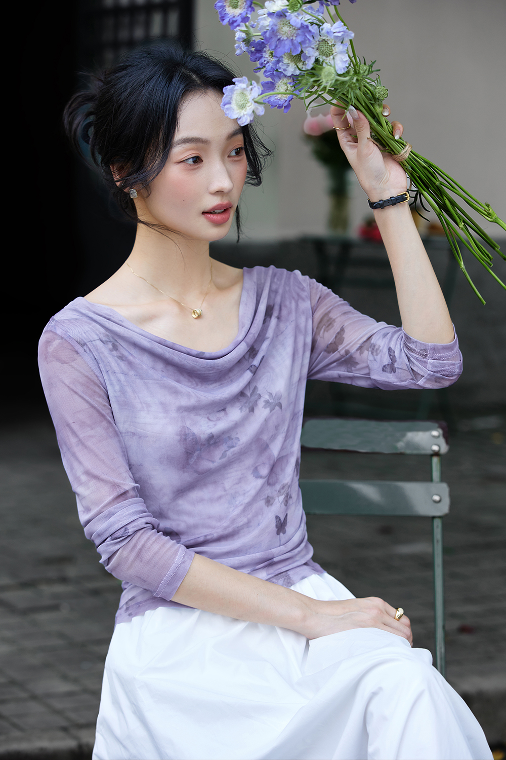 Sheer Mesh Butterfly-Print Fitted Base Layer Top-VIMLYSTORE