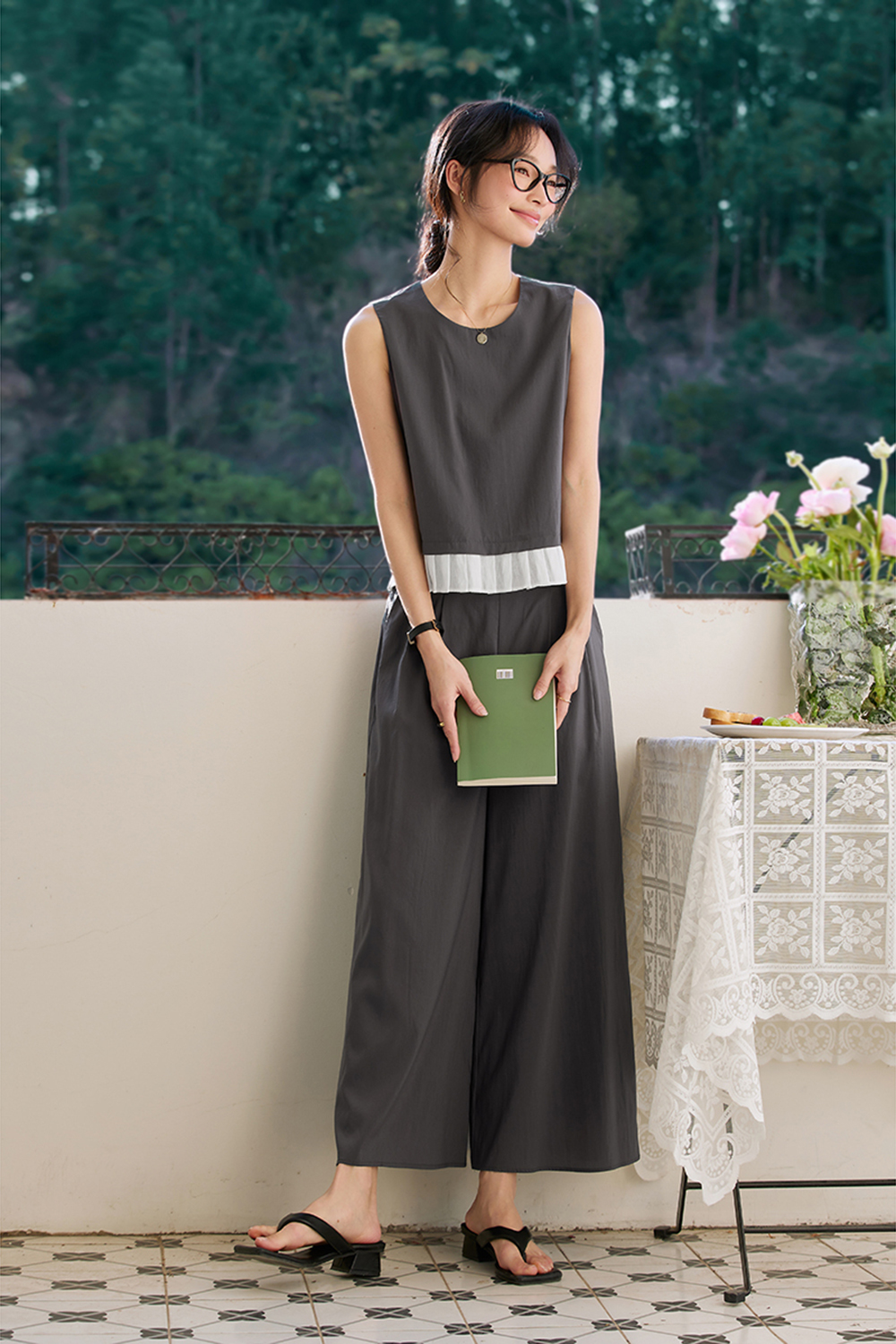 Lyocell Paneled Sleeveless Wide-leg Pants Set-VIMLYSTORE