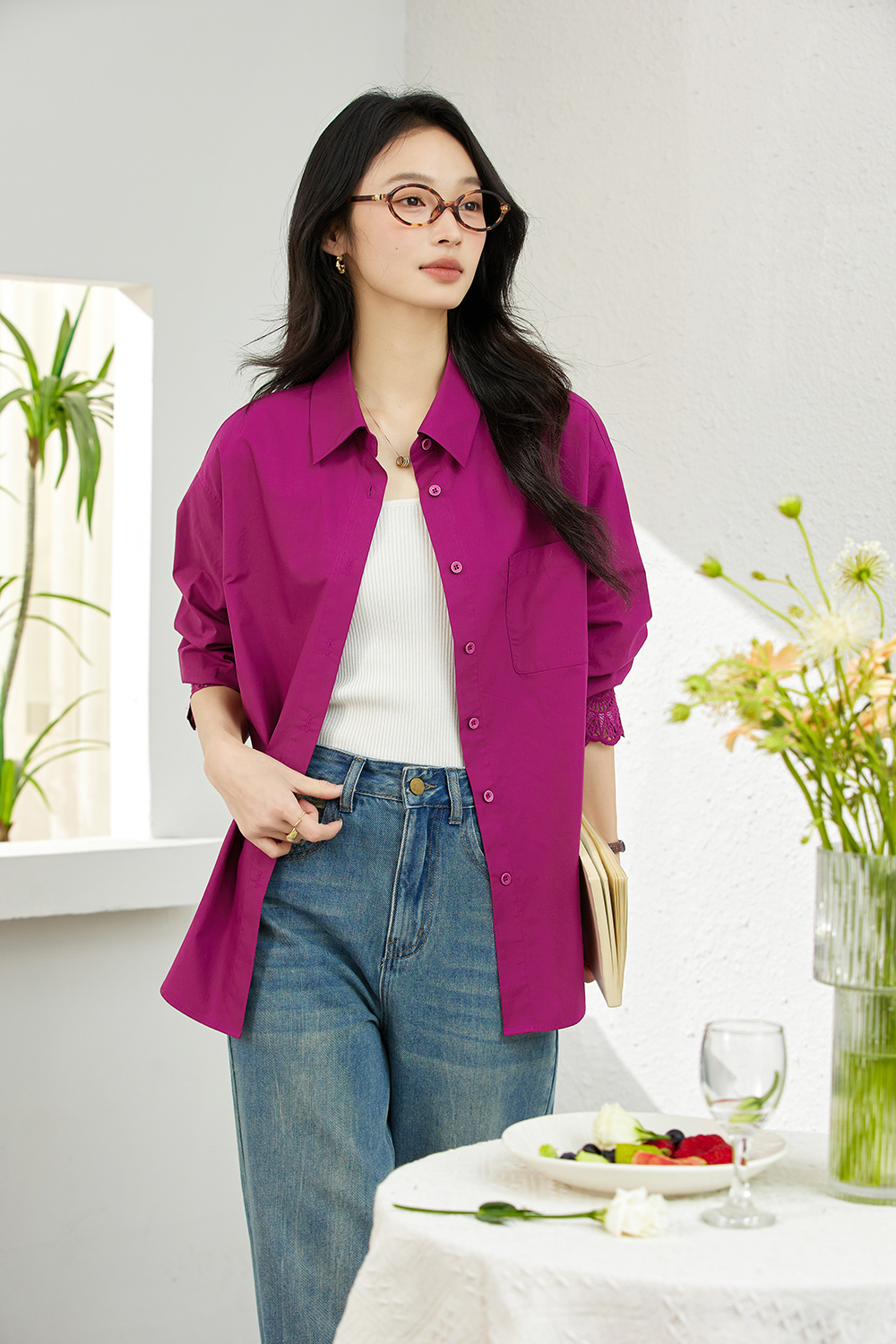 Artistic Cutwork Notch-Collar Blouse-VIMLYSTORE